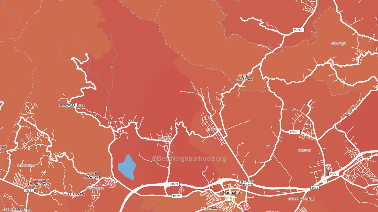 Map of the best neighborhoods in the Duque area, with better matches in green and worse matches in red