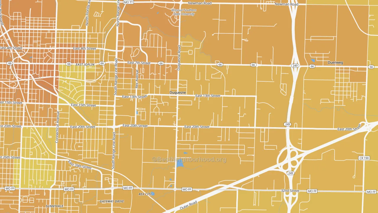 Map of the best neighborhoods in the Duquesne area, with better matches in green and worse matches in red