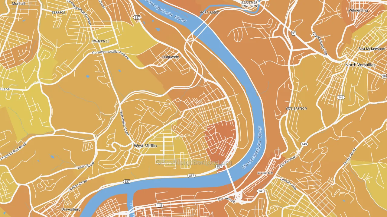 Map of the best neighborhoods in the Duquesne area, with better matches in green and worse matches in red
