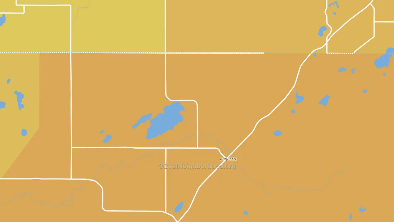Map of the best neighborhoods in the Duquette area, with better matches in green and worse matches in red