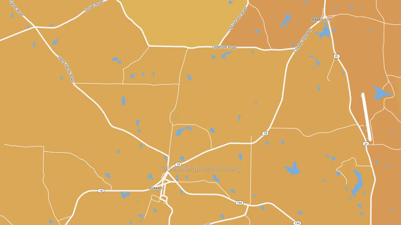 Map of the best neighborhoods in the Durand area, with better matches in green and worse matches in red