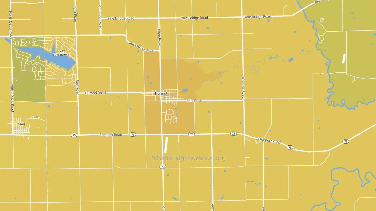 Map of the best neighborhoods in the Durand area, with better matches in green and worse matches in red