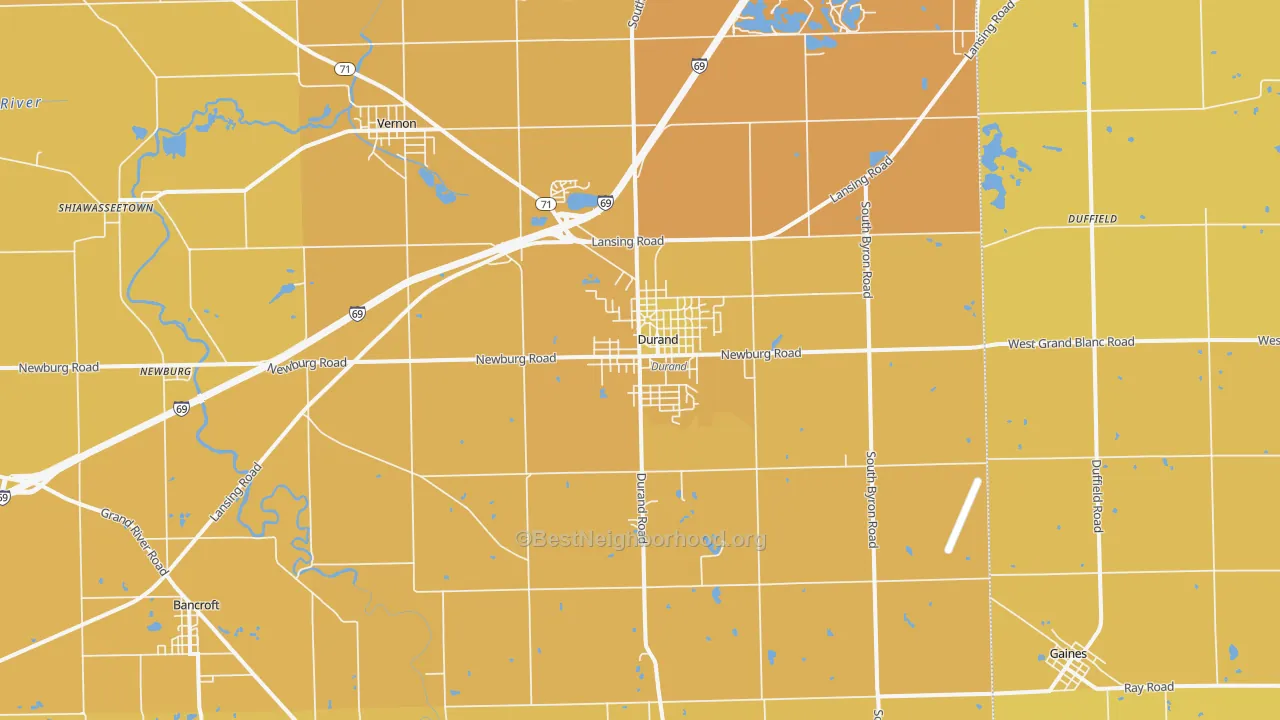 Map of the best neighborhoods in the Durand area, with better matches in green and worse matches in red