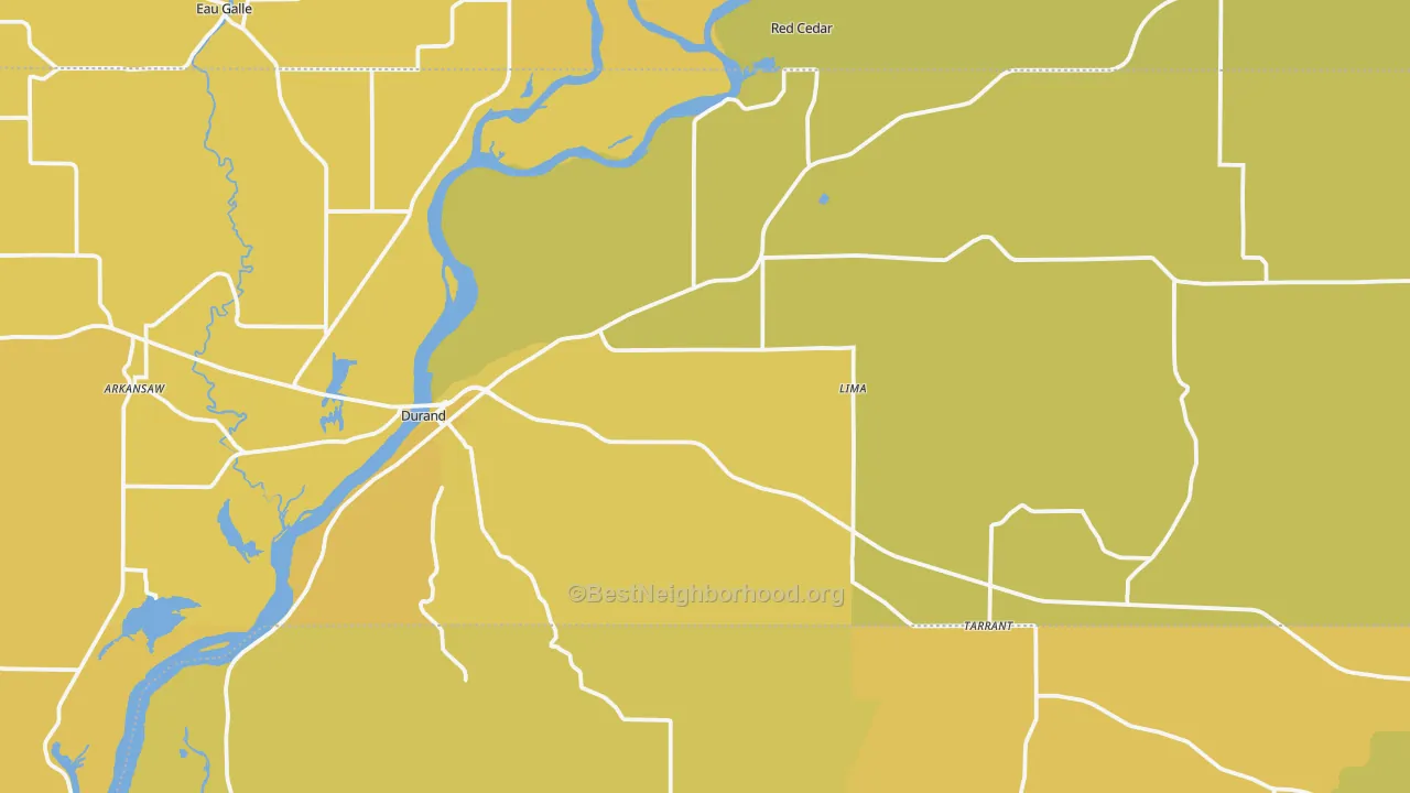 Map of the best neighborhoods in the Durand area, with better matches in green and worse matches in red