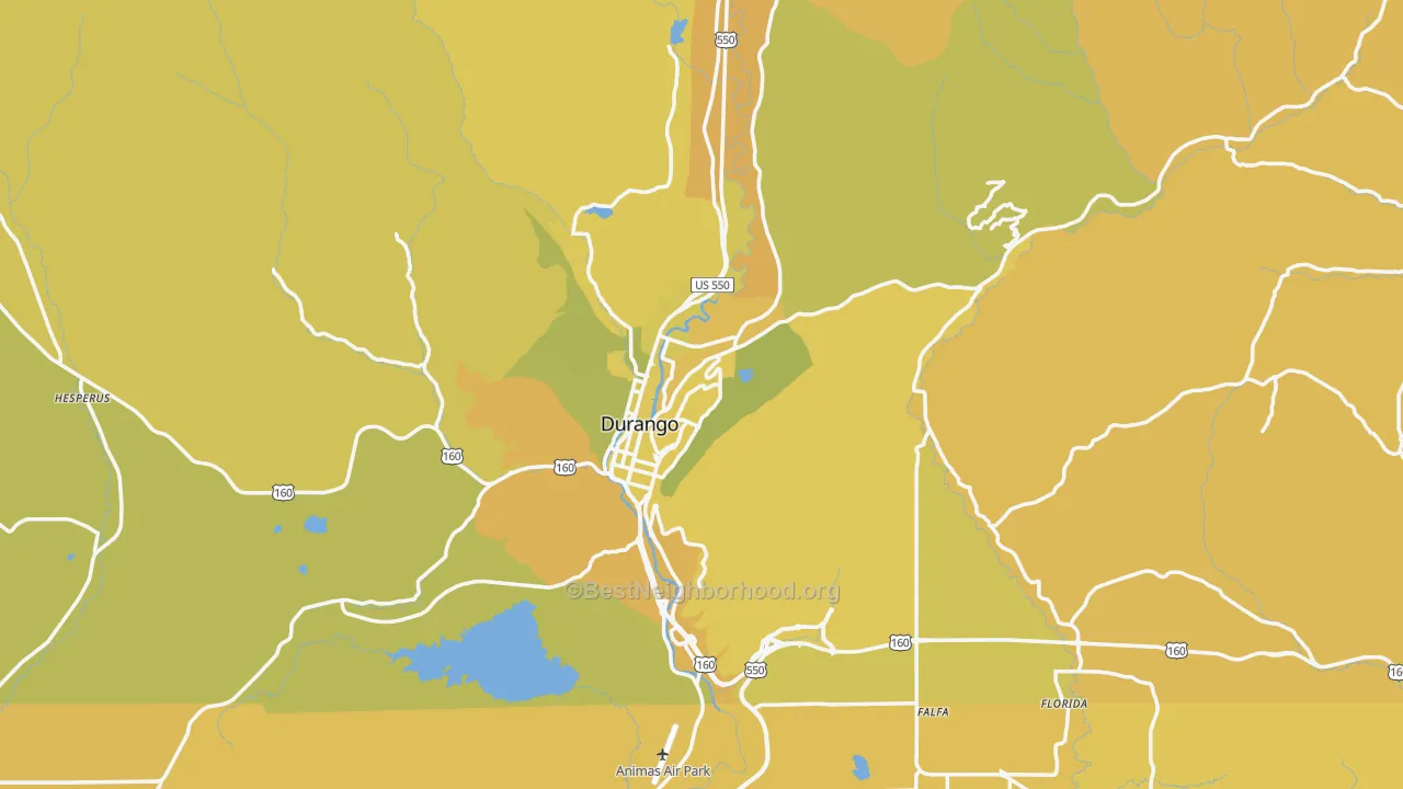 Map of the best neighborhoods in the Durango area, with better matches in green and worse matches in red