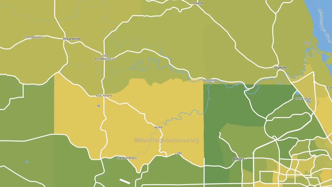 Map of the best neighborhoods in the Durango area, with better matches in green and worse matches in red