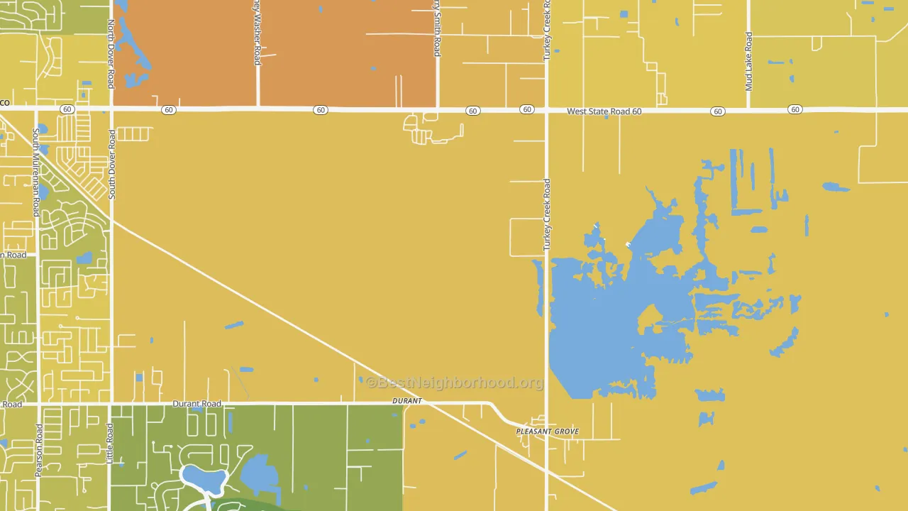 Map of the best neighborhoods in the Durant area, with better matches in green and worse matches in red