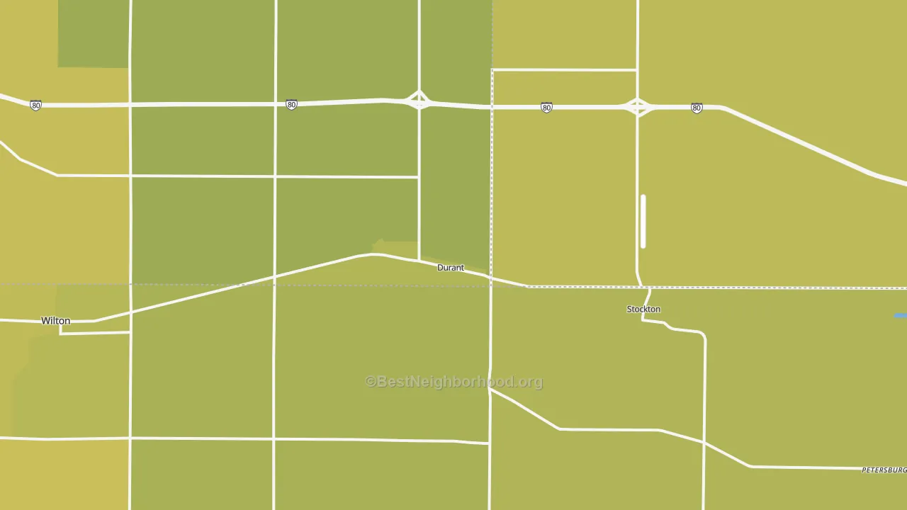 Map of the best neighborhoods in the Durant area, with better matches in green and worse matches in red