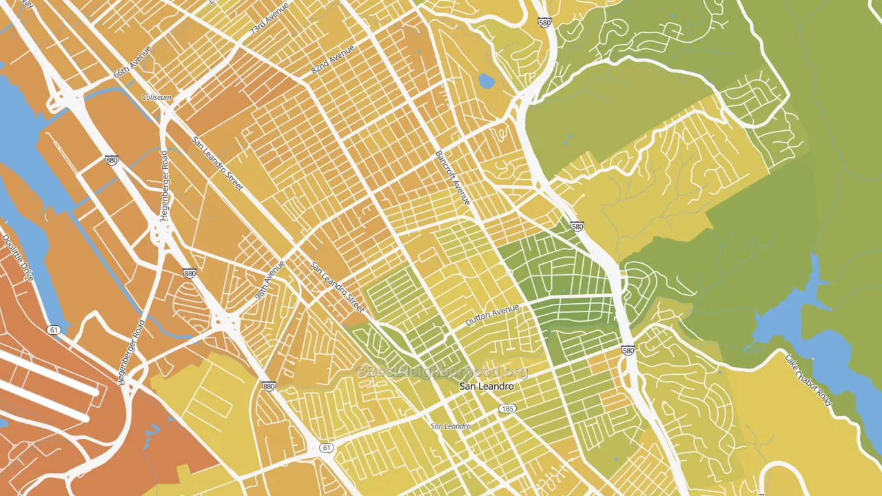 Map of the best neighborhoods in the Durant Manor, Oakland area, with better matches in green and worse matches in red