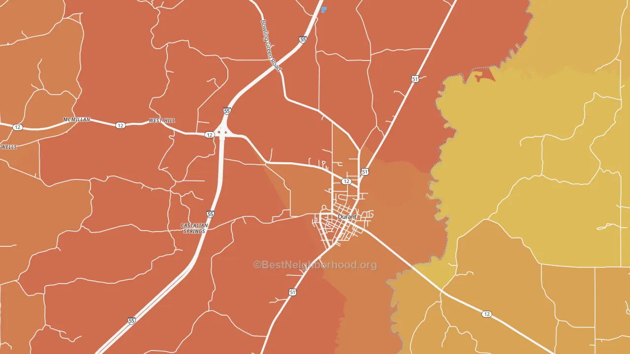 Map of the best neighborhoods in the Durant area, with better matches in green and worse matches in red