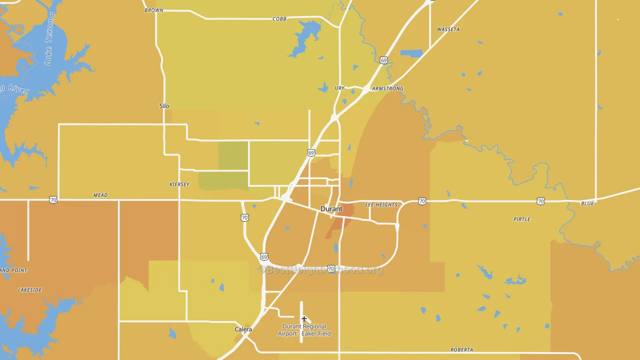 Map of the best neighborhoods in the Durant area, with better matches in green and worse matches in red