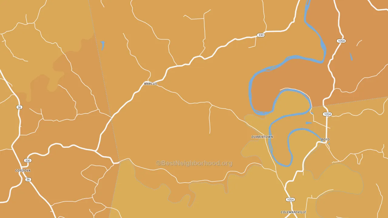 Map of the best neighborhoods in the Durbintown area, with better matches in green and worse matches in red