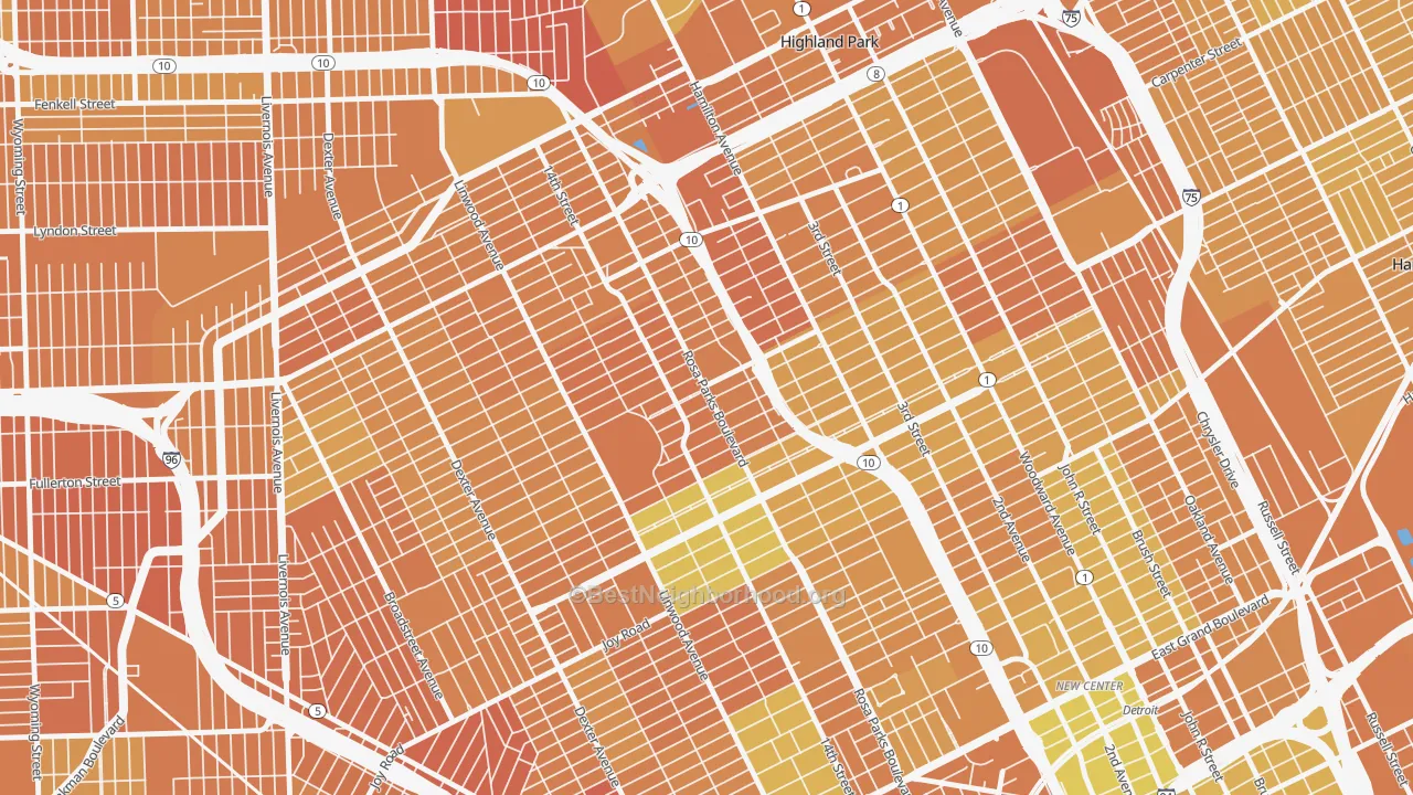 Map of the best neighborhoods in the Durfee, Detroit area, with better matches in green and worse matches in red