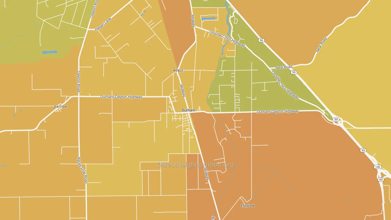 Map of the best neighborhoods in the Durham area, with better matches in green and worse matches in red