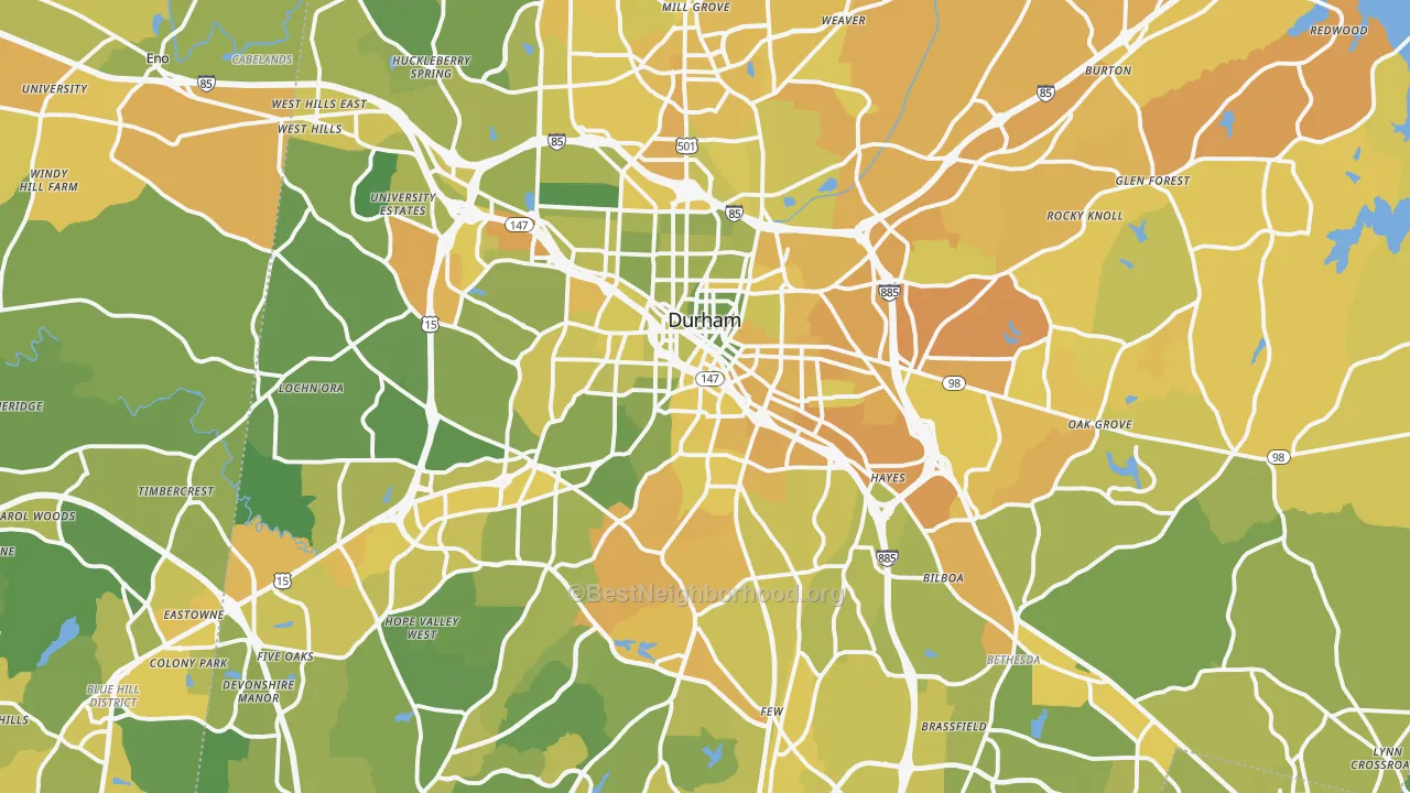 Map of the best neighborhoods in the Durham County area, with better matches in green and worse matches in red