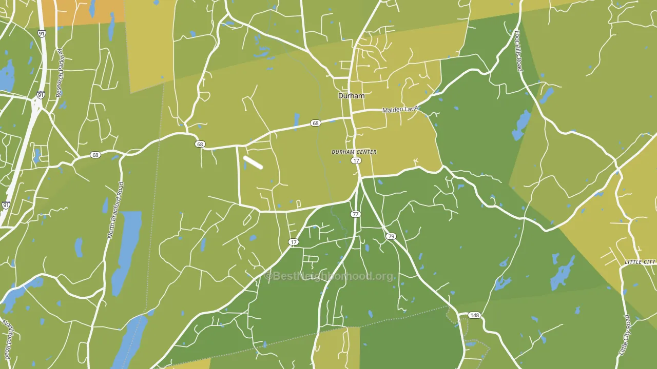 Map of the best neighborhoods in the Durham area, with better matches in green and worse matches in red