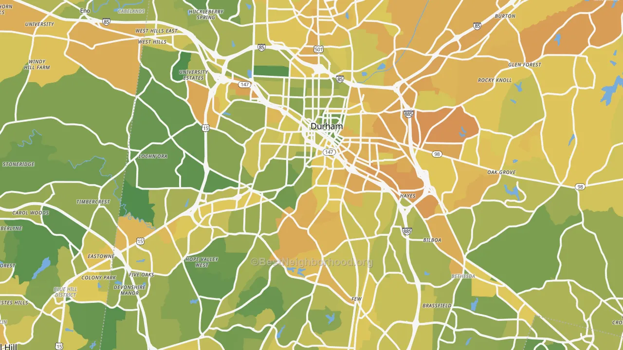 Map of the best neighborhoods in the Durham area, with better matches in green and worse matches in red