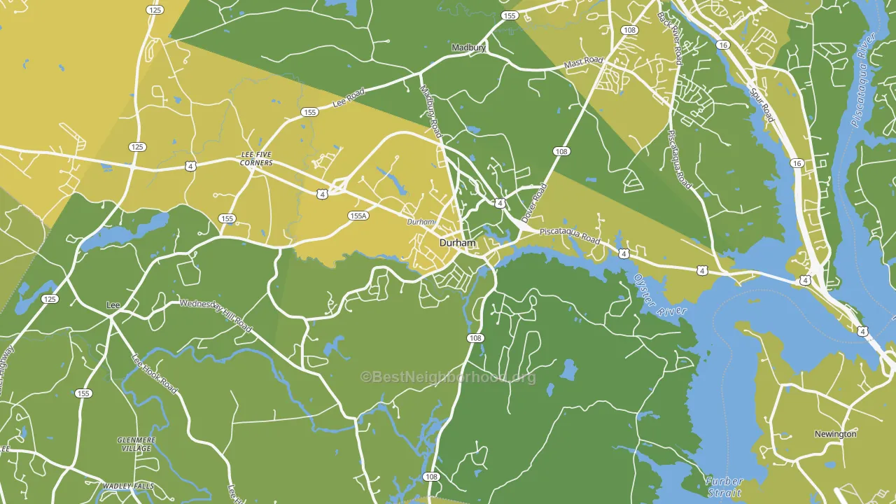 Map of the best neighborhoods in the Durham area, with better matches in green and worse matches in red