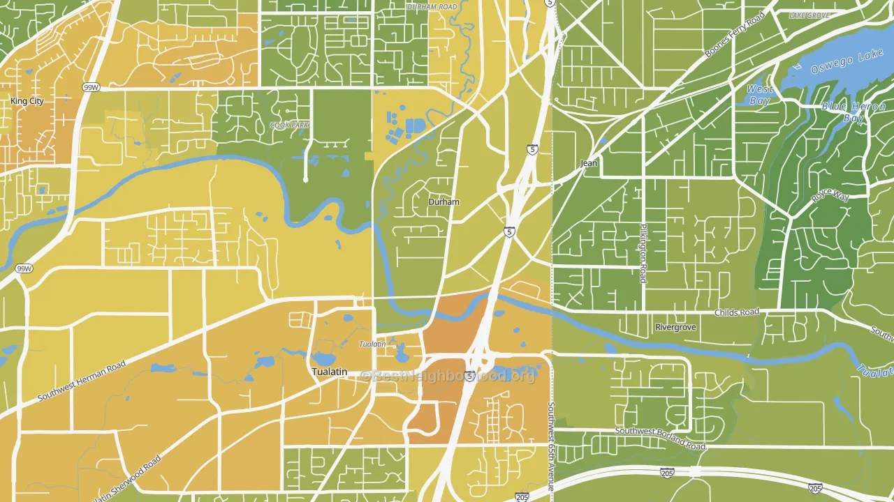 Map of the best neighborhoods in the Durham area, with better matches in green and worse matches in red