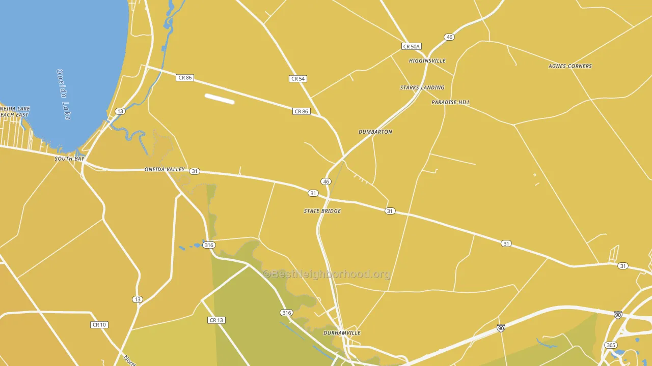 Map of the best neighborhoods in the Durhamville area, with better matches in green and worse matches in red