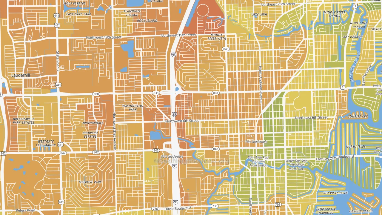 Map of the best neighborhoods in the Durrs Homeowners, Fort Lauderdale area, with better matches in green and worse matches in red