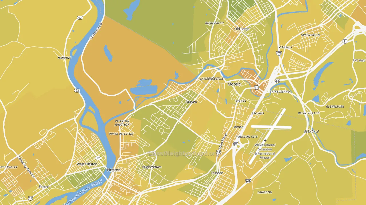 Map of the best neighborhoods in the Duryea area, with better matches in green and worse matches in red