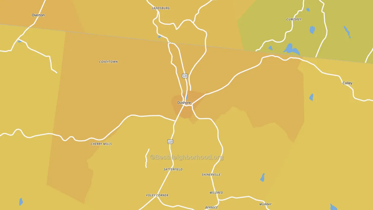 Map of the best neighborhoods in the Dushore area, with better matches in green and worse matches in red