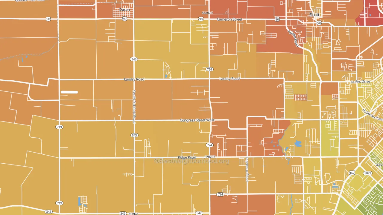 Map of the best neighborhoods in the Duson area, with better matches in green and worse matches in red