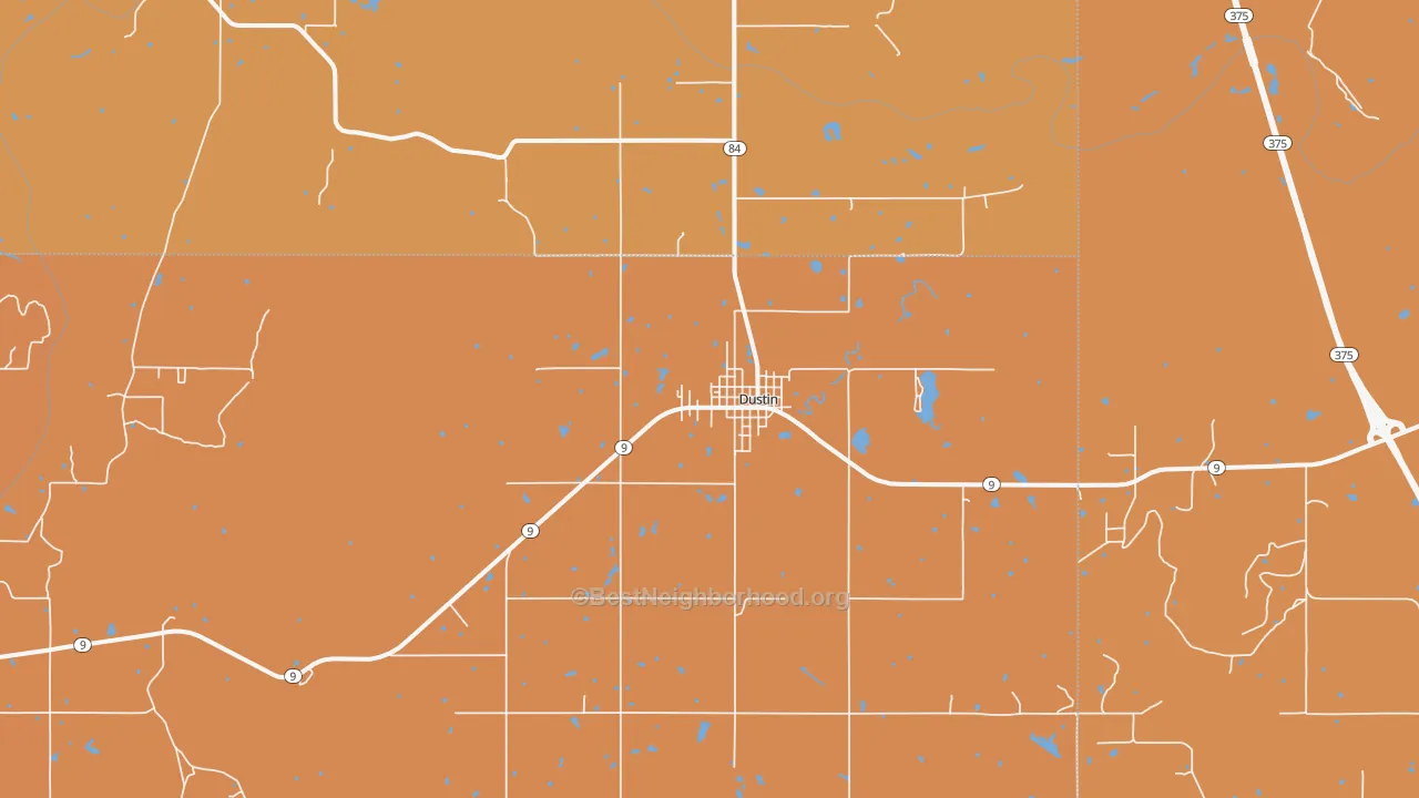 Map of the best neighborhoods in the Dustin area, with better matches in green and worse matches in red