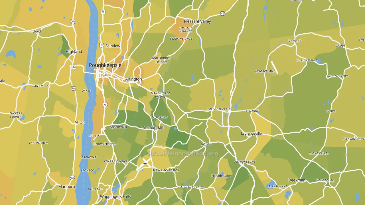 Map of the best neighborhoods in the Dutchess County area, with better matches in green and worse matches in red