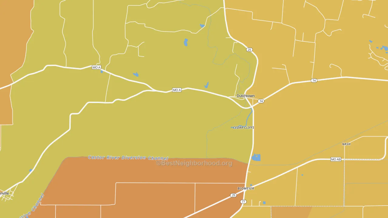 Map of the best neighborhoods in the Dutchtown area, with better matches in green and worse matches in red