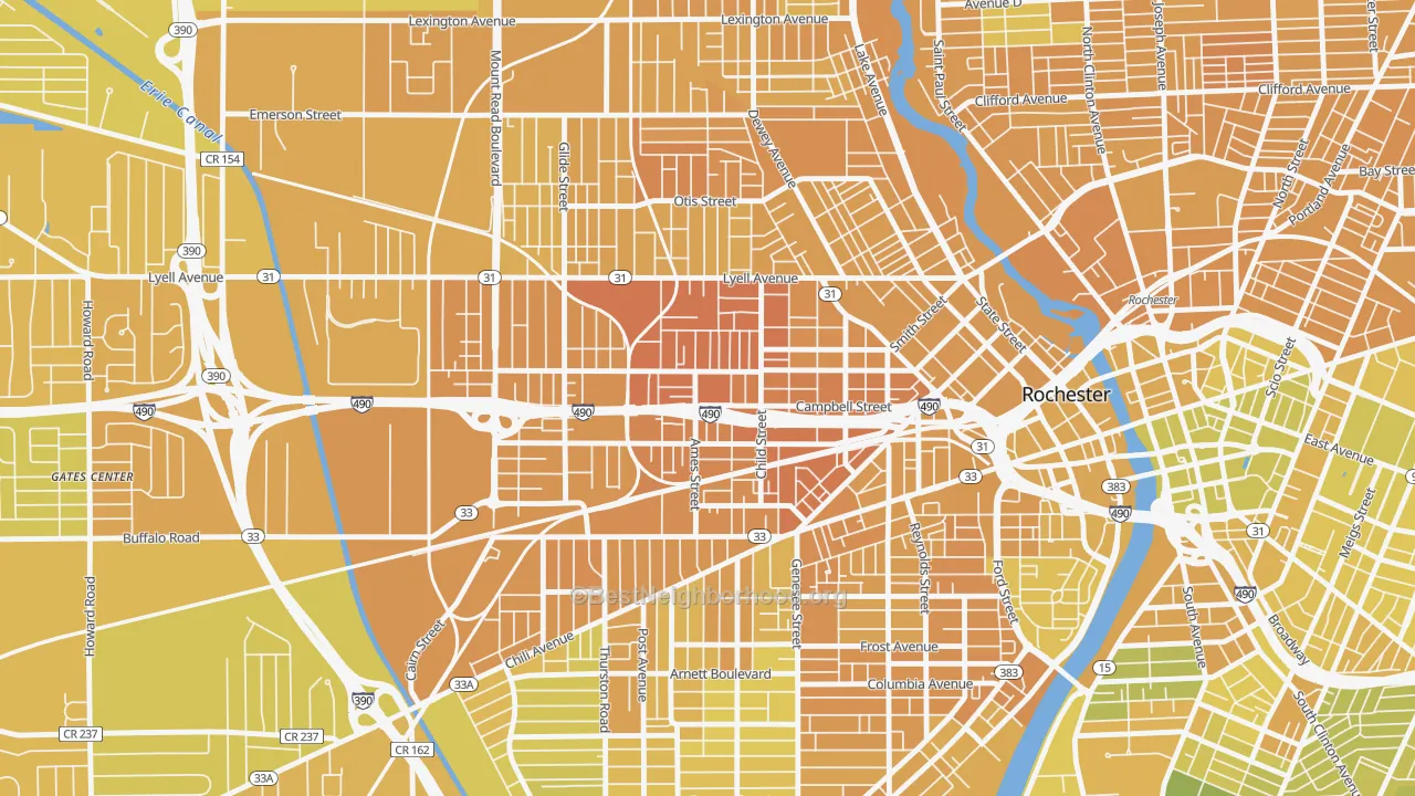 Map of the best neighborhoods in the Dutchtown, Rochester area, with better matches in green and worse matches in red