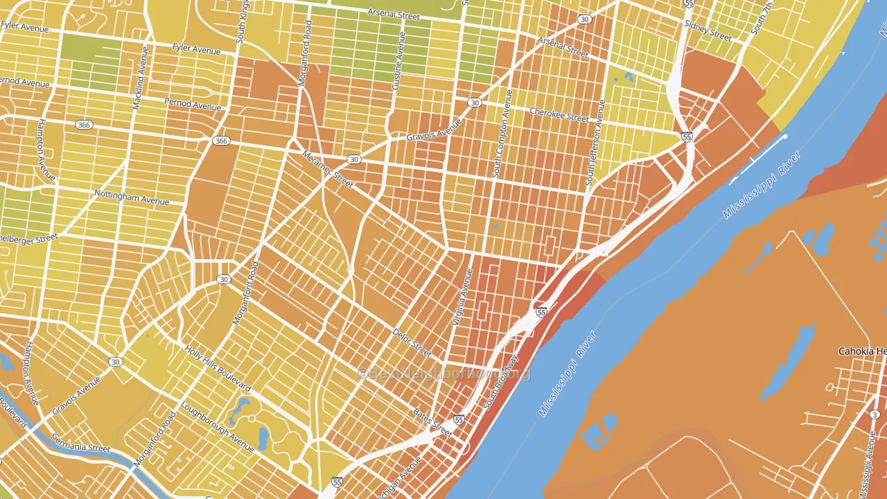 Map of the best neighborhoods in the Dutchtown, St. Louis area, with better matches in green and worse matches in red