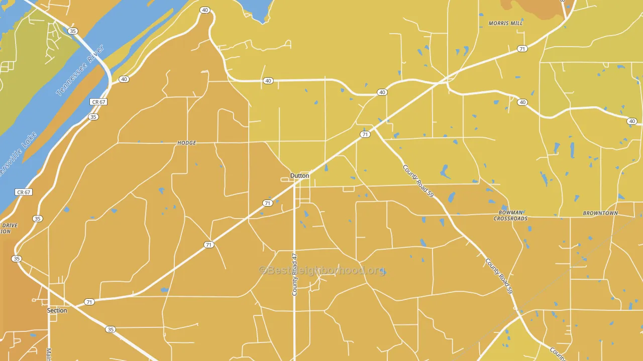 Map of the best neighborhoods in the Dutton area, with better matches in green and worse matches in red