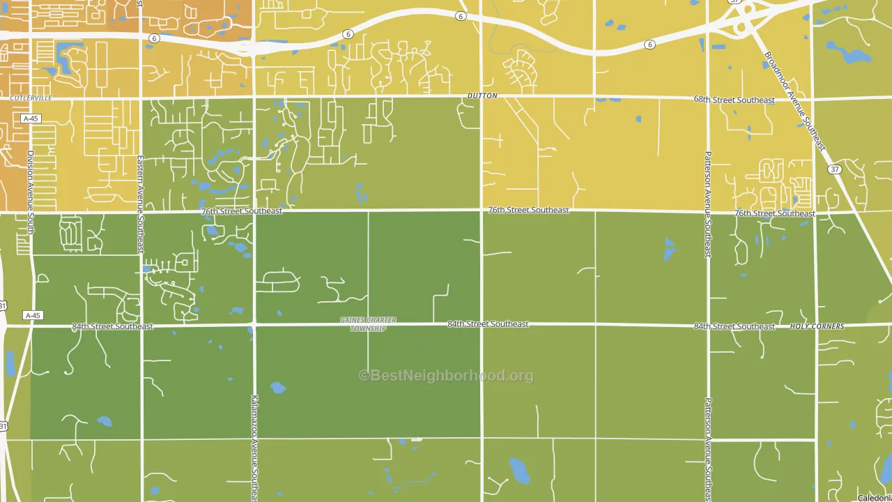 Map of the best neighborhoods in the Dutton area, with better matches in green and worse matches in red