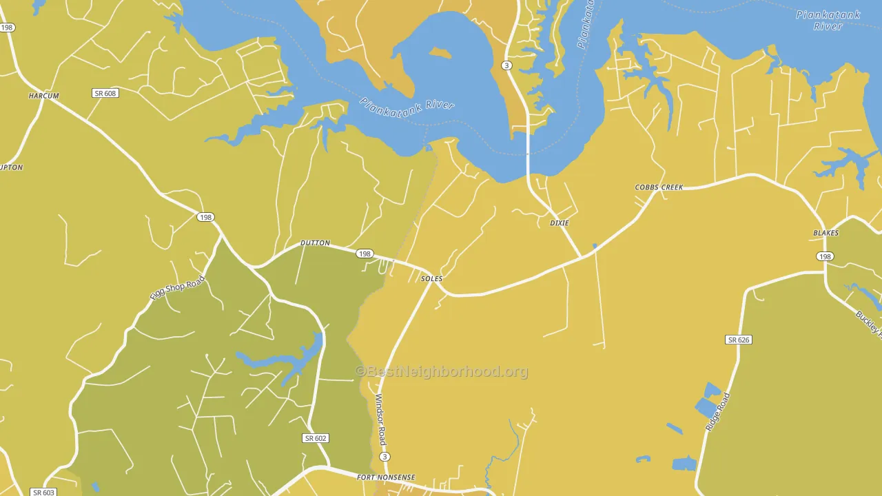 Map of the best neighborhoods in the Dutton area, with better matches in green and worse matches in red
