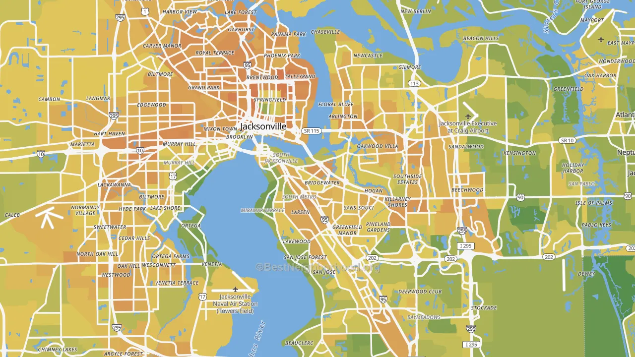 Map of the best neighborhoods in the Duval County area, with better matches in green and worse matches in red