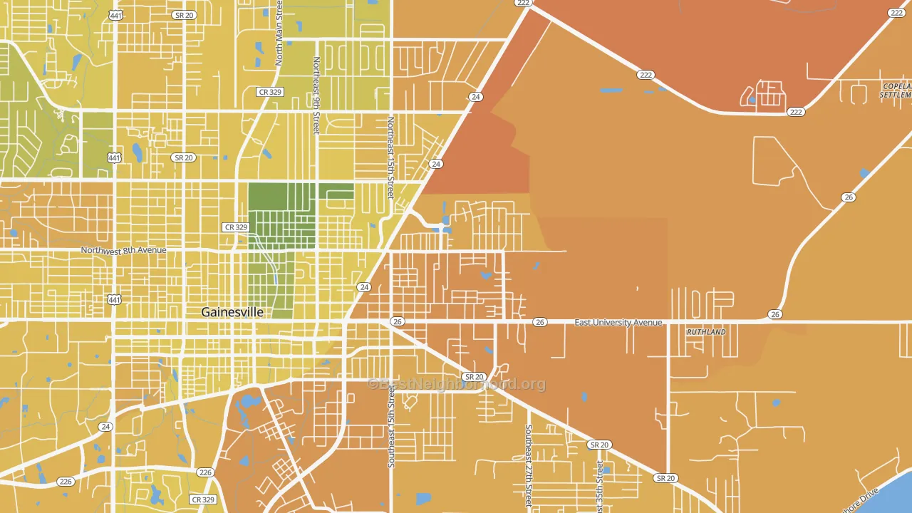 Map of the best neighborhoods in the Duval-Eagle Eyes Crime Watch, Gainesville area, with better matches in green and worse matches in red
