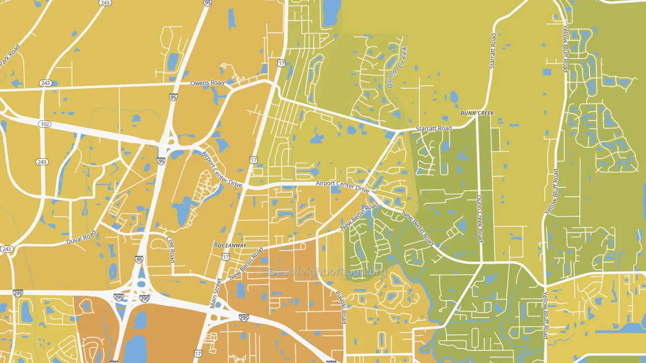 Map of the best neighborhoods in the Duval, Jacksonville area, with better matches in green and worse matches in red