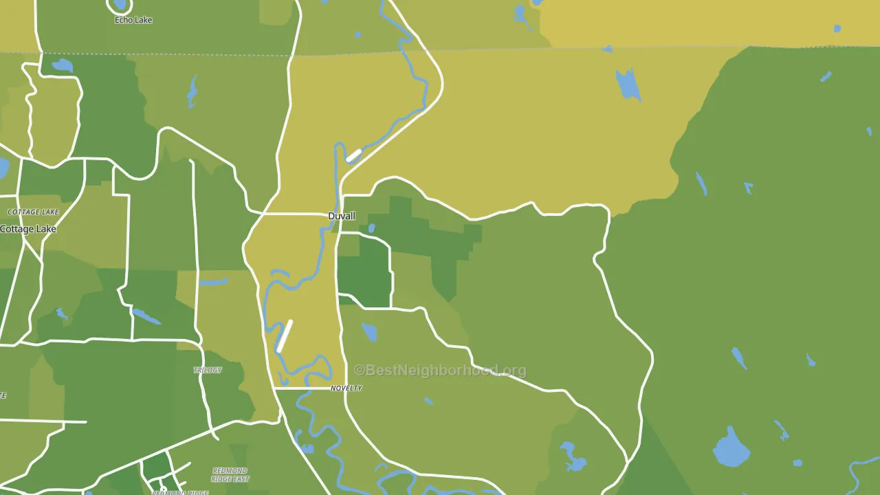 Map of the best neighborhoods in the Duvall area, with better matches in green and worse matches in red