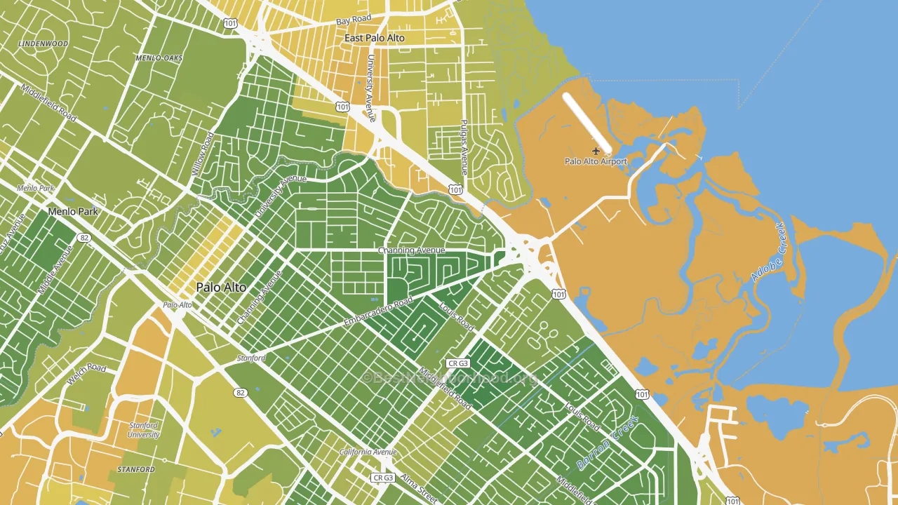 Map of the best neighborhoods in the Duveneck-Saint Francis, Palo Alto area, with better matches in green and worse matches in red