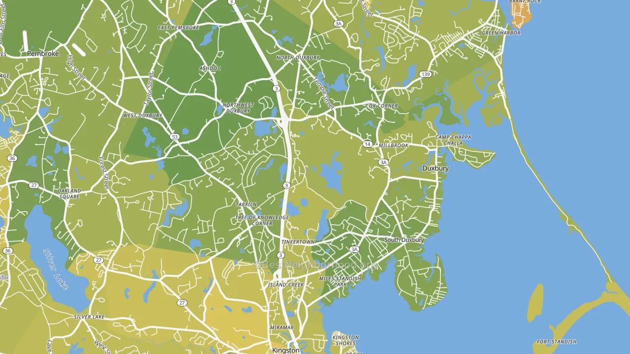 Map of the best neighborhoods in the Duxbury area, with better matches in green and worse matches in red
