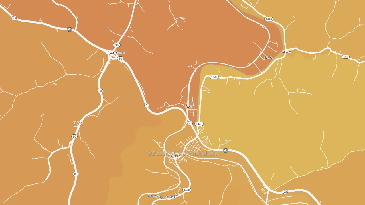 Map of the best neighborhoods in the Dwale area, with better matches in green and worse matches in red