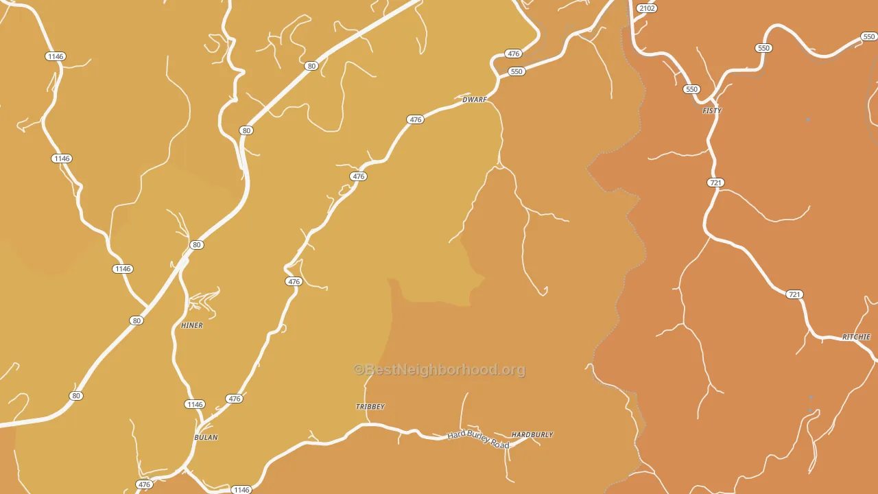 Map of the best neighborhoods in the Dwarf area, with better matches in green and worse matches in red