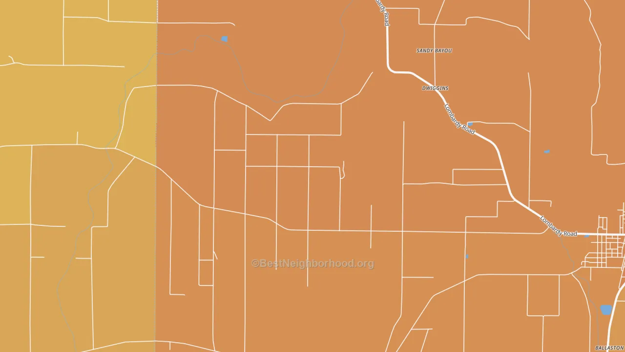 Map of the best neighborhoods in the Dwiggins area, with better matches in green and worse matches in red