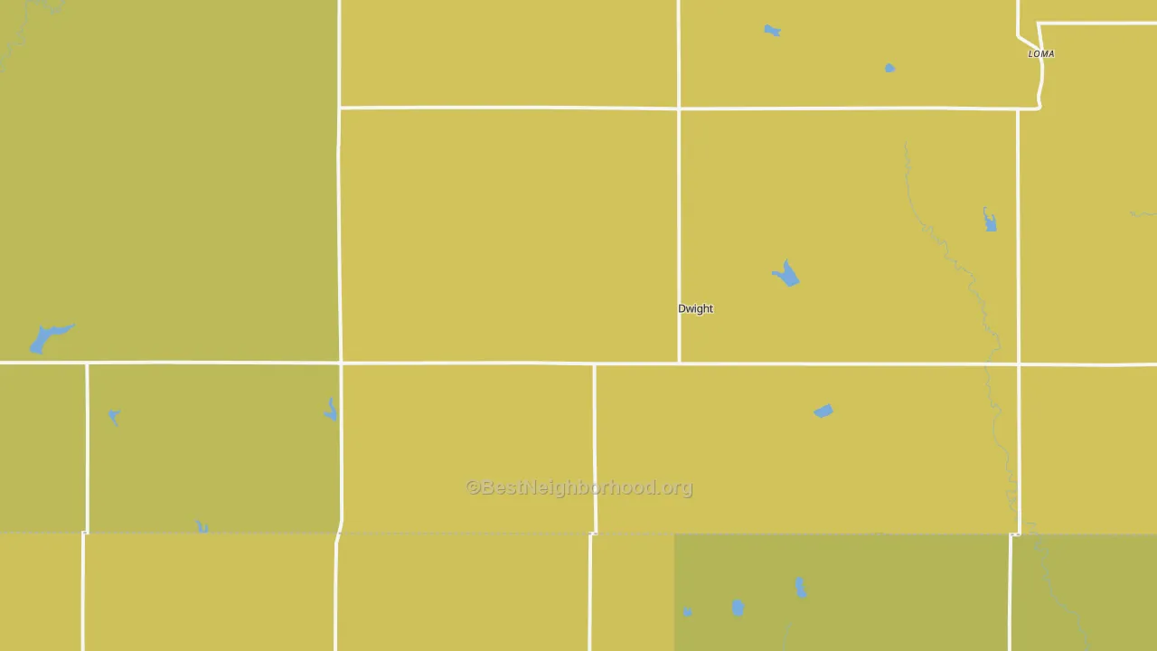 Map of the best neighborhoods in the Dwight area, with better matches in green and worse matches in red