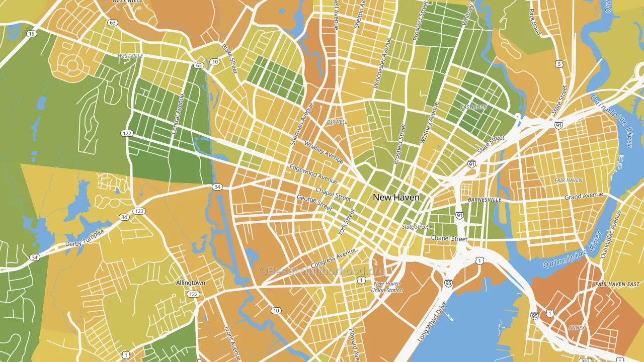 Map of the best neighborhoods in the Dwight, New Haven area, with better matches in green and worse matches in red