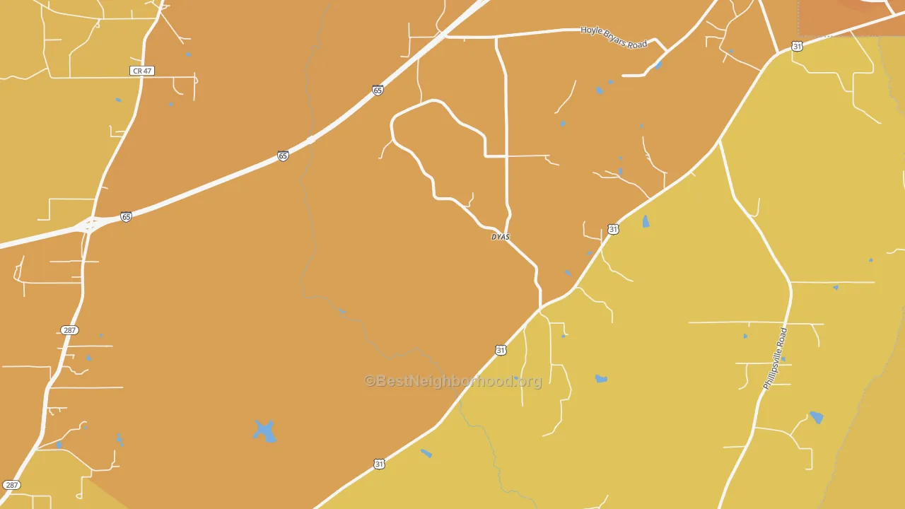 Map of the best neighborhoods in the Dyas area, with better matches in green and worse matches in red