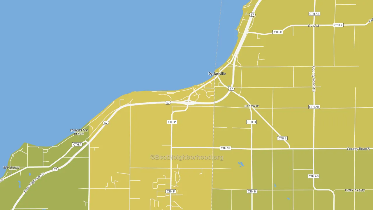 Map of the best neighborhoods in the Dyckesville area, with better matches in green and worse matches in red