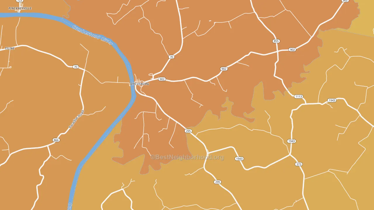 Map of the best neighborhoods in the Dycusburg area, with better matches in green and worse matches in red